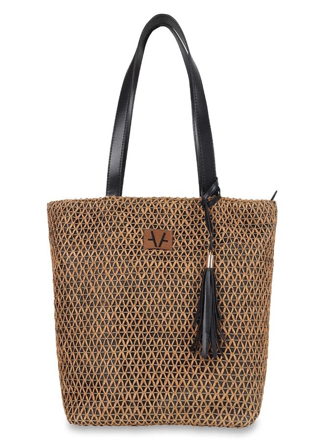 Avake Cocoa Cross Tote Bag with Raffia and Vegan Leather Accents | Fits 14-Inch Laptop | Stylish & Durable | Lightweight Shoulder Bag for Work, Travel & Daily Use | Made in India - Image 1